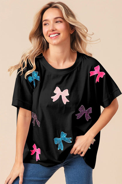 BiBi Sequin Bow Patch Short Sleeve T-Shirt in Black