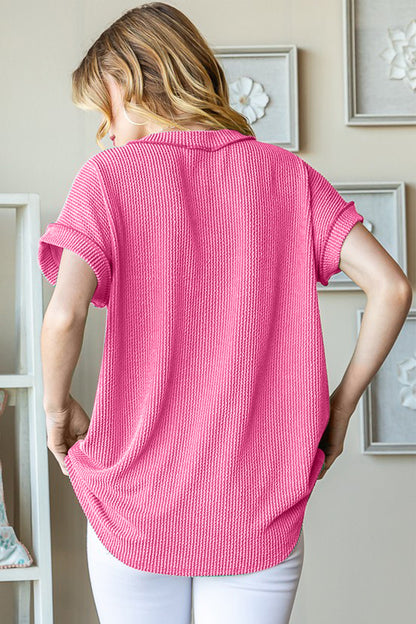 Heimish Front Pocket Short Sleeve Ribbed Top in Hot Pink