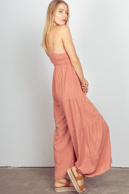 VERY J Sleeveless Ruched Wide-Leg Jumpsuit in Blush