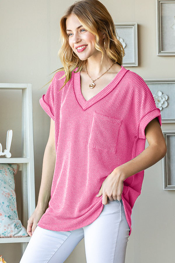 Heimish Front Pocket Short Sleeve Ribbed Top in Hot Pink