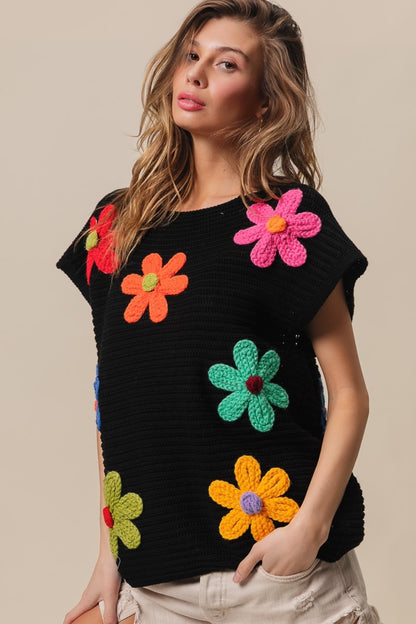 BiBi Flower Round Neck Cap Sleeve Knit Top in Black