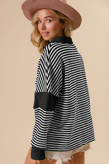 BiBi Striped Contrast Long Sleeve Knit Top in Black