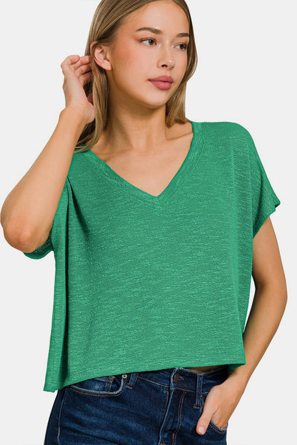 Zenana V-Neck Short Sleeve T-Shirt in Green