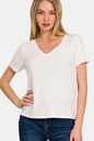 Zenana Ribbed Short Sleeve T-Shirt in Off White