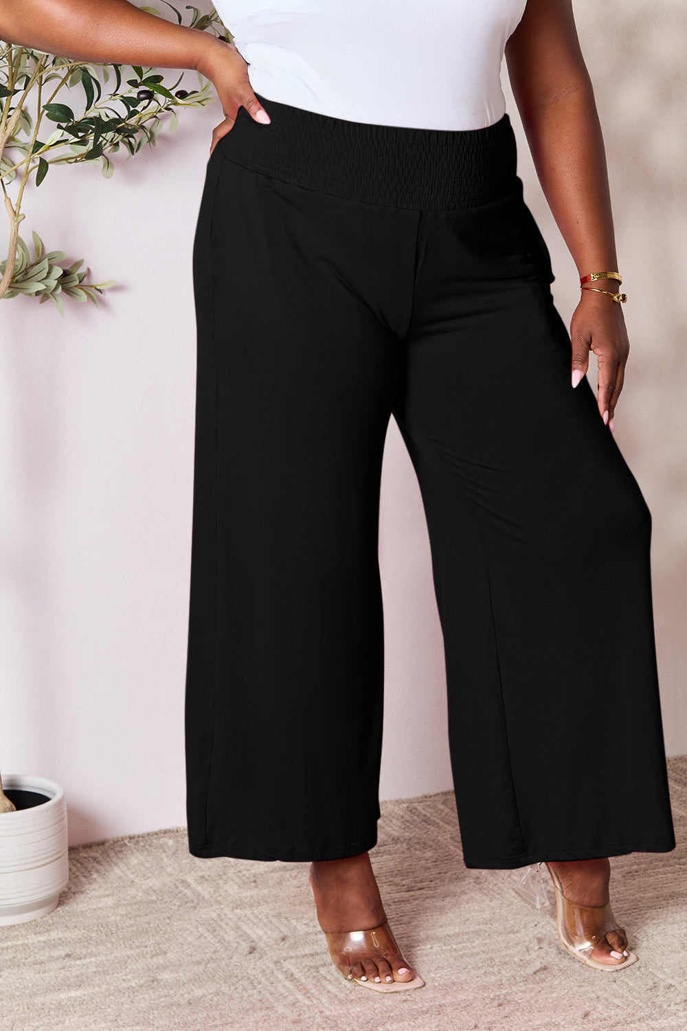 Double Take Smocked Wide Waistband Wide Leg Pants