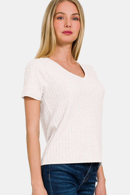 Zenana Ribbed Short Sleeve T-Shirt in Off White