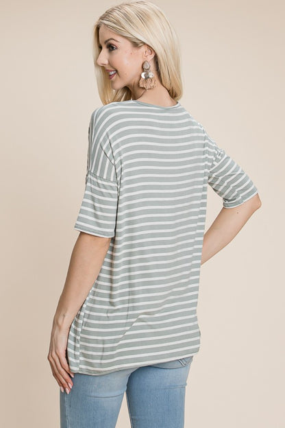 BOMBOM Striped Round Neck T-Shirt in Sage