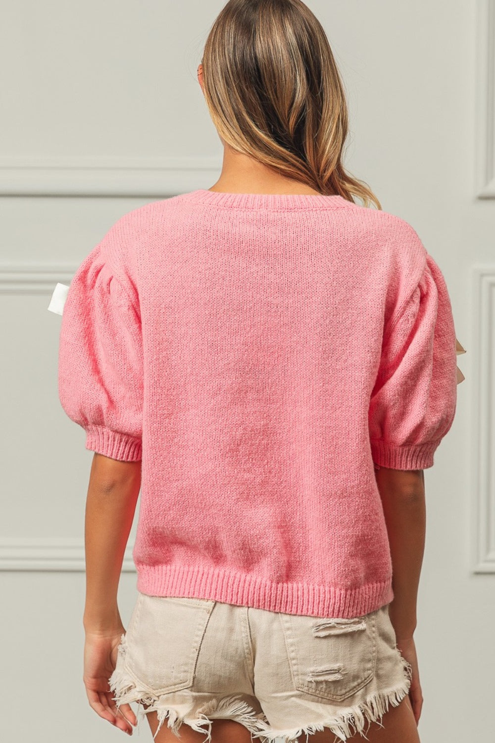 BiBi Ribbon Bow Detail Puff Sleeve Sweater in Pink