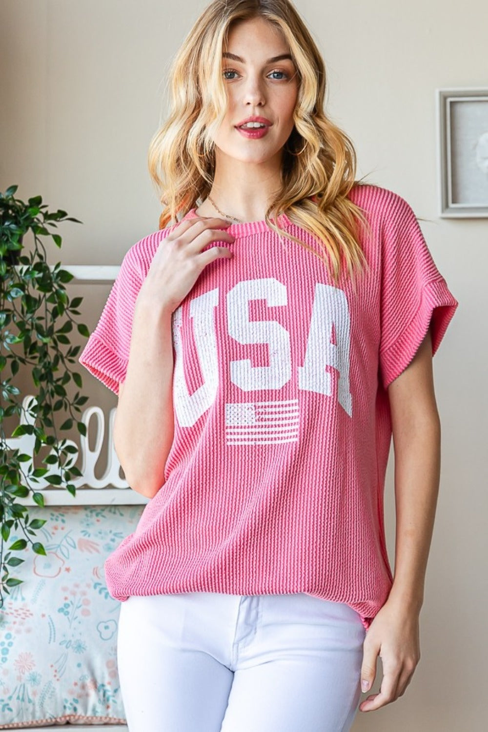 Heimish USA Graphic Short Sleeve Ribbed Top in Coral